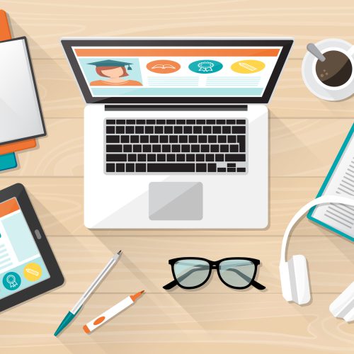 E-learning, education and university banner, student's desktop with laptop, tablet and books